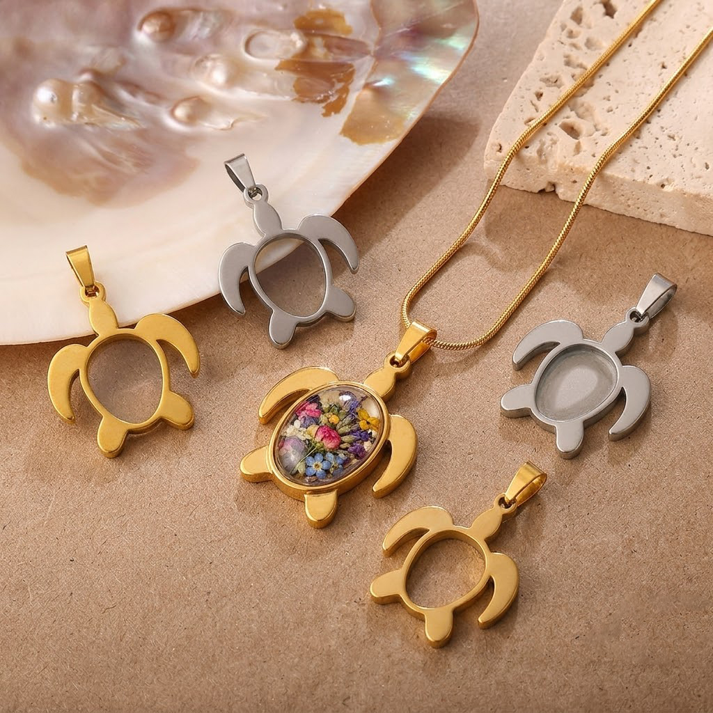 5pcs/Lot Stainless Steel Turtl - Bezels Set Pendant 评论和价格